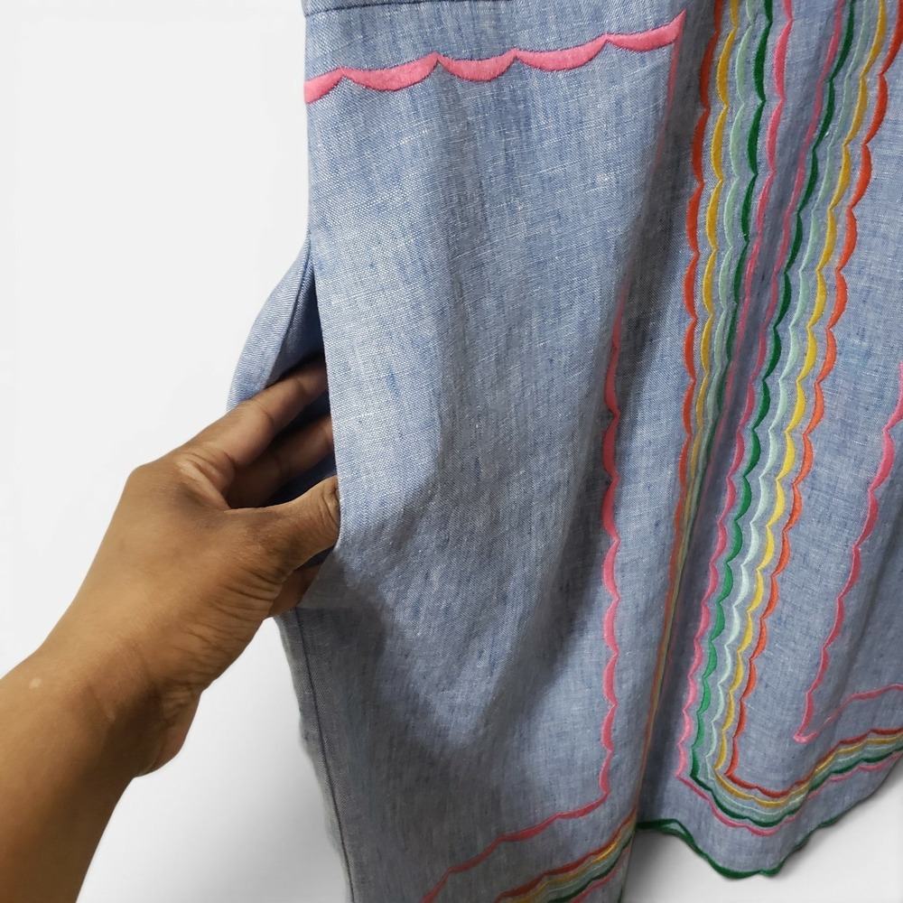 Boden Laura Linen Embroidered Shift Dress Chambray Blue Rainbow Multicolor 10R - Picture 4 of 13